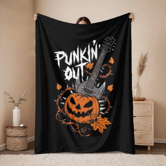 musical pumpkin autumn vibes spooky guitar autumn Throw Blankets