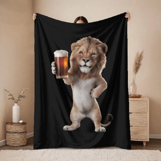 Lion Drinking Beer Realistic Throw Blankets