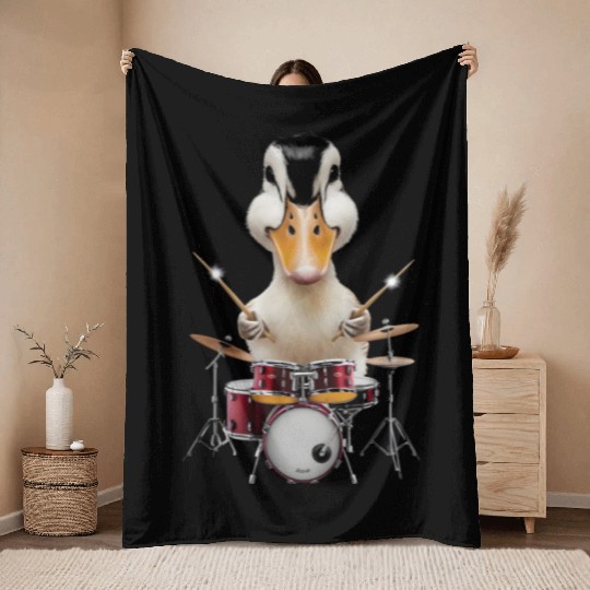Duck Playing Drums Realistic Throw Blankets