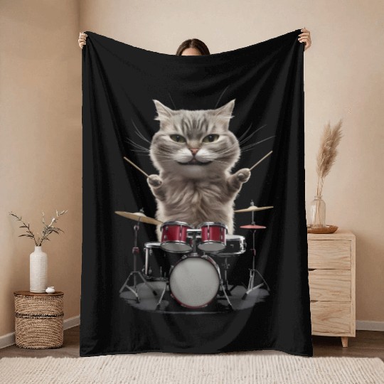 Cat Playing Drums Realistic Throw Blankets