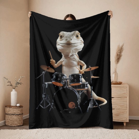 Lizard Playing Drums Realistic Throw Blankets