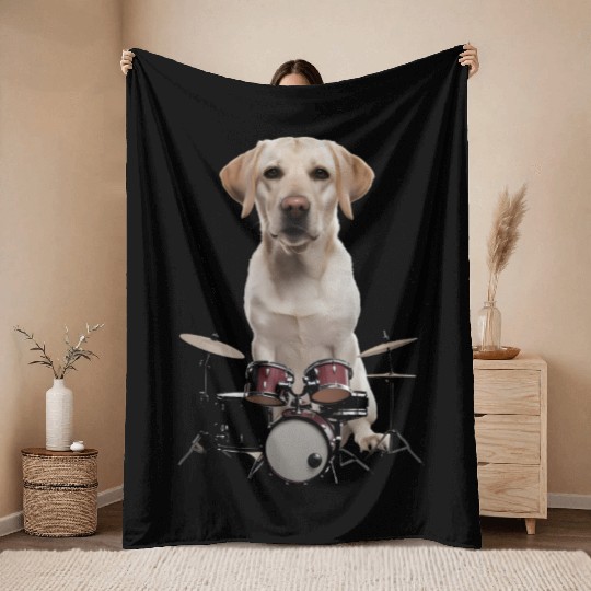 Labrador Playing Drums Realistic Throw Blankets