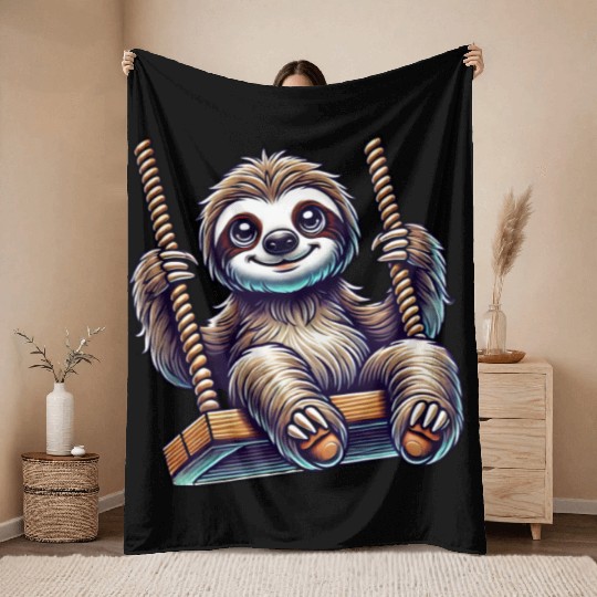 Cute sloth swing cartoon playground animal Throw Blankets