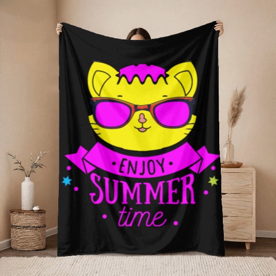 Enjoy Summer Time - Cool Cat Throw Blankets