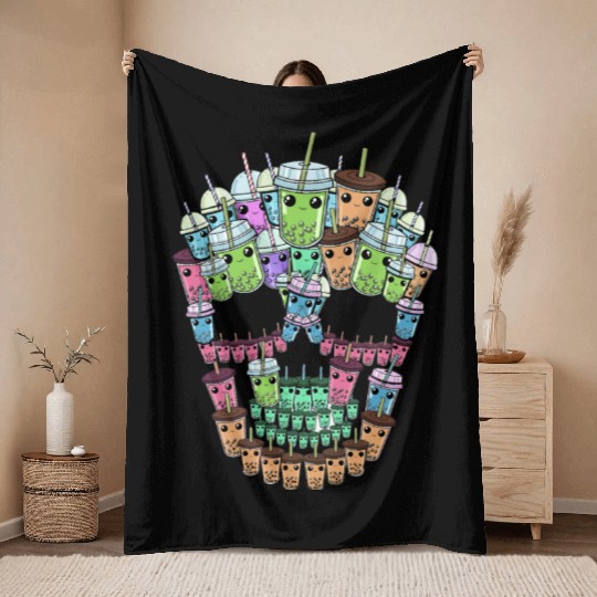 Bubble Tea Skull Throw Blankets Men Boba Tea