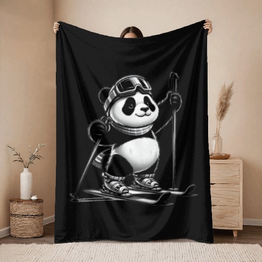 Cute Skier Panda Throw Blankets
