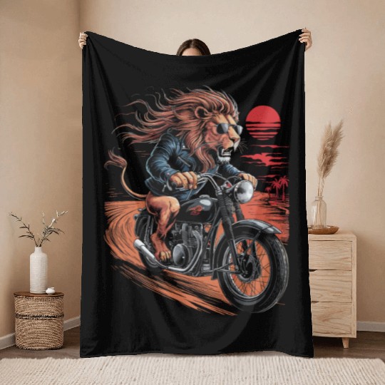 Cool Lion Riding Motorcycle Graphic for Biker Throw Blankets