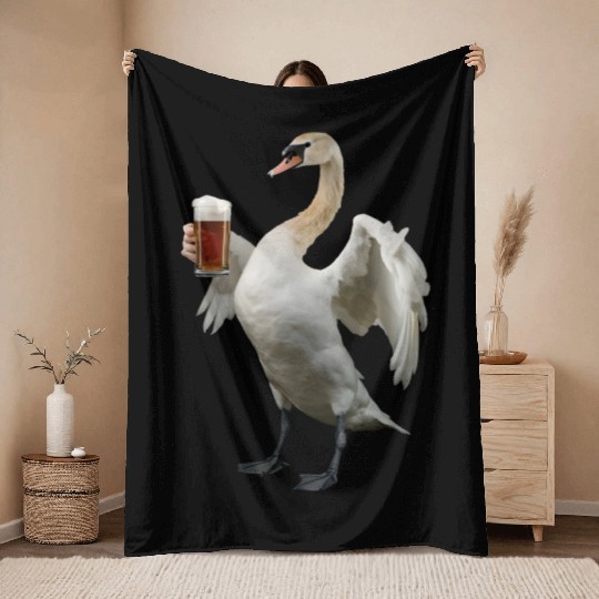 Swan Drinking Beer Realistic Throw Blankets