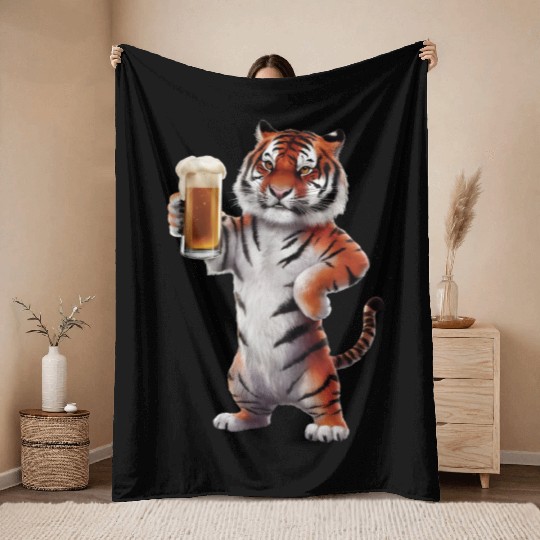 Tiger Drinking Beer Realistic Throw Blankets