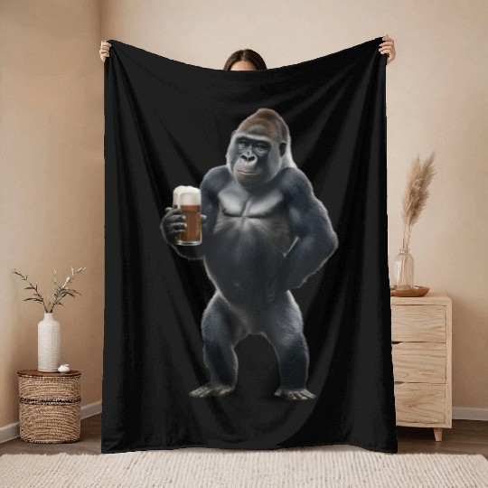 Gorilla Drinking Beer Realistic Throw Blankets