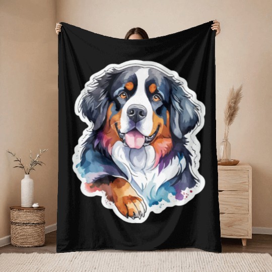Bernese Mountain Dog Watercolor Throw Blankets