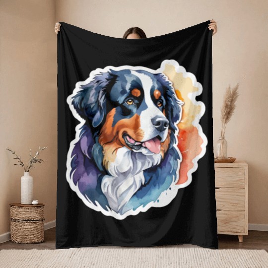 Bernese Mountain Dog Watercolor Throw Blankets