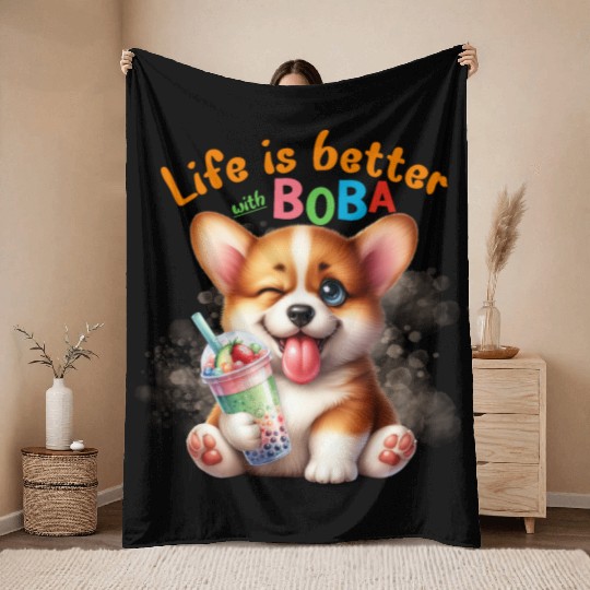Corgi with BOBA tea Milk TEA Bubble tea Throw Blankets