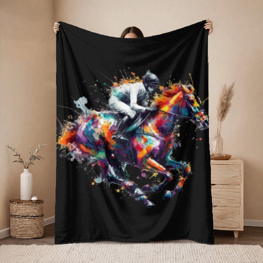Horse Racing Boy Watercolor art Throw Blankets