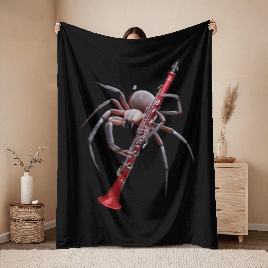 Spider Playing Clarinet Realistic Throw Blankets