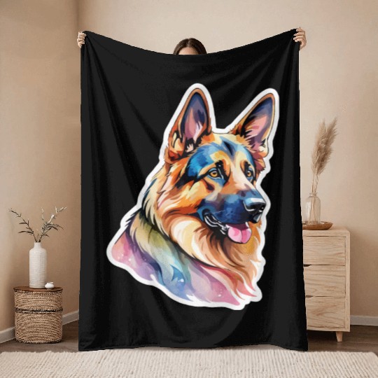 German Shepherd Watercolor Throw Blankets