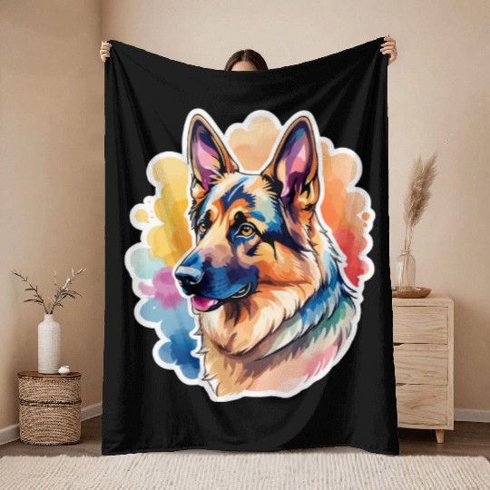 German Shepherd Watercolor Throw Blankets