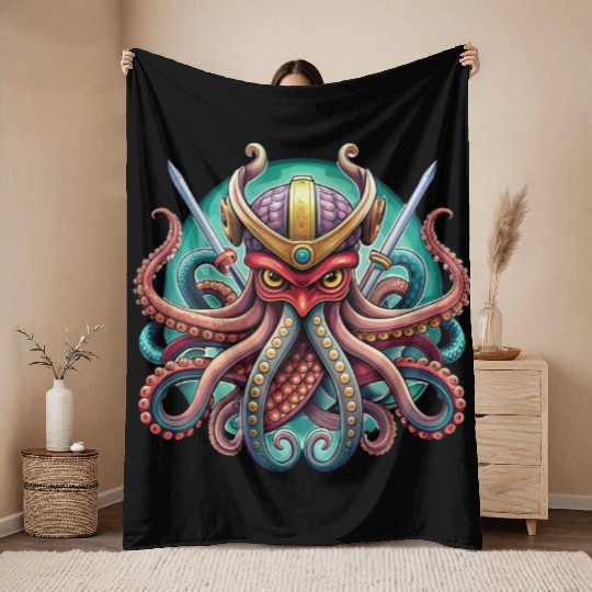 Colorful octopus samurai illustration Throw Blankets