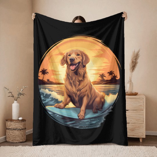 Golden Retriever Dog Surfing Happy Throw Blankets