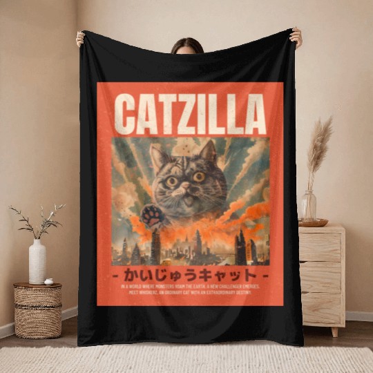 Catzilla Vintage Japanese Funny Angry Cat Throw Blankets