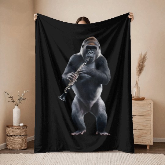 Gorilla Playing Clarinet Realistic Throw Blankets