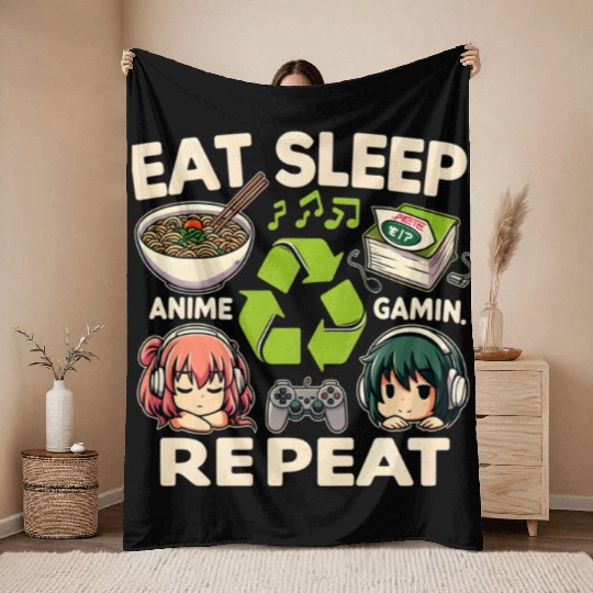Cute Anime Eat Sleep Anime Repeat Manga Throw Blankets