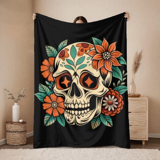 Vintage Retro Halloween Sugar Skull with floral Throw Blankets