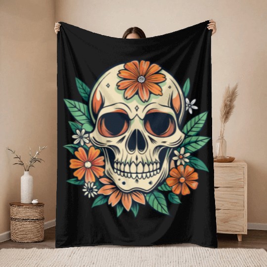 Vintage Retro Halloween Sugar Skull with floral Throw Blankets