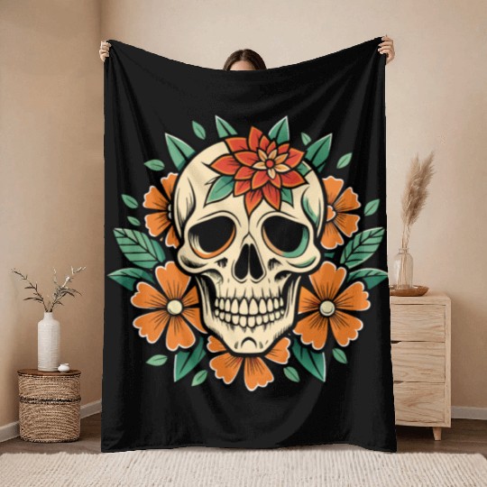 Vintage Retro Halloween Sugar Skull with floral Throw Blankets