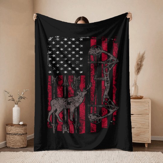 American Flag Deer Bow Hunting Patriotic Throw Blankets