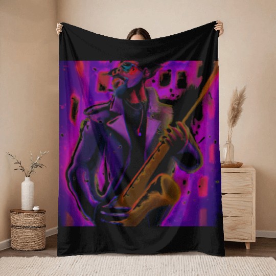 Electric Rockstar Vibes Neon Lights Guitar Throw Blankets