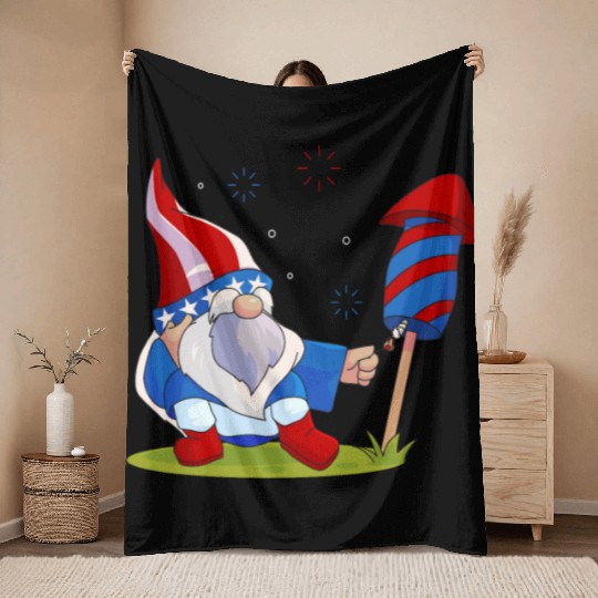 Adorable Gnome Fireworks America Throw Blankets