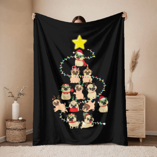 Pug Christmas Tree Dog Santa Claus Hat Xmas Merry Throw Blankets
