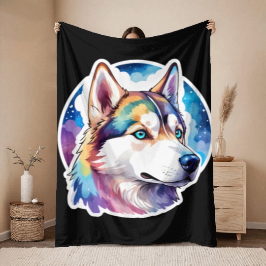 Siberian Husky Watercolor Throw Blankets