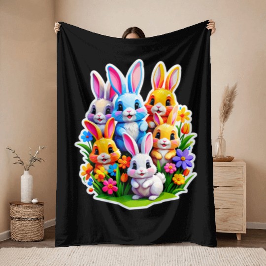 Colorful Spring Celebration with Cute Bunnies Throw Blankets