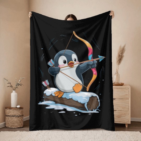 Penguin Archer Aiming in Winter Snow Scene Throw Blankets