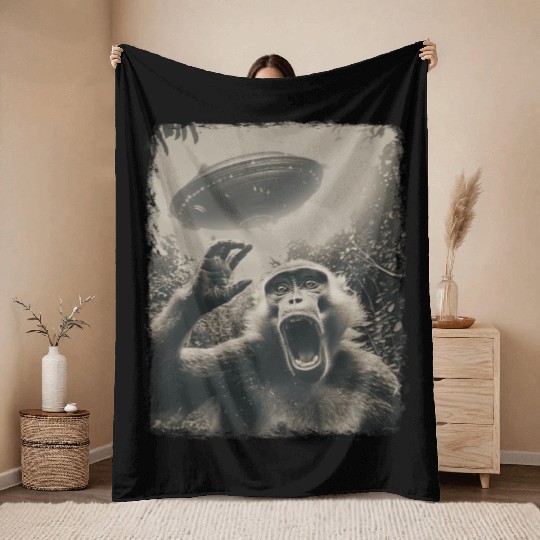 Baboon Monkey UFO Alien Extraterrestrial Selfie Throw Blankets