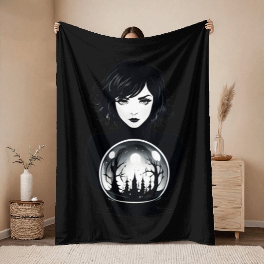 Witchy Woman Gazing into a Crystal Ball Throw Blankets