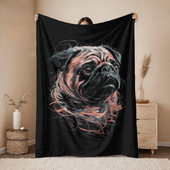Pug Drawing Abstract Animal Illustration with Throw Blankets