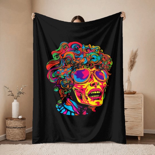 80's Psychedelic Raver - Trippy Retro Festival Throw Blankets