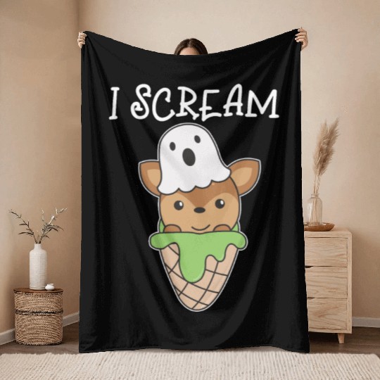 Deer Halloween Ghost I Scream Ice Cream Pun Throw Blankets