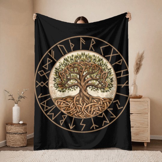Viking runes tree of Life round frame celtic Throw Blankets