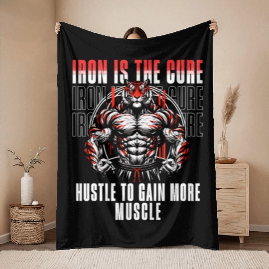 iron is the cure with bodybuliding tiger Throw Blankets