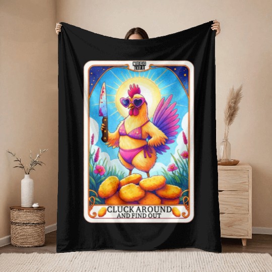 Funny Chicken Tarot Card, FAFO, Hilarious Throw Blankets