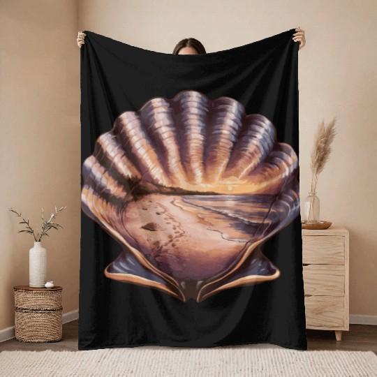 Seashell Beach Scene Serene Ocean Landscape Throw Blankets