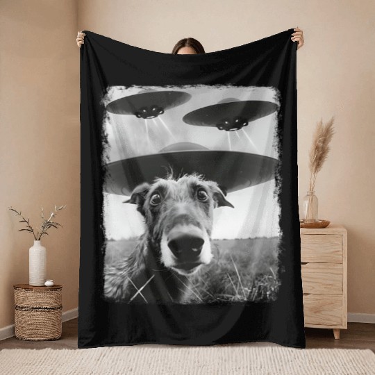 Irish Wolfhound Dog UFO Alien Extraterrestrial Sel Throw Blankets