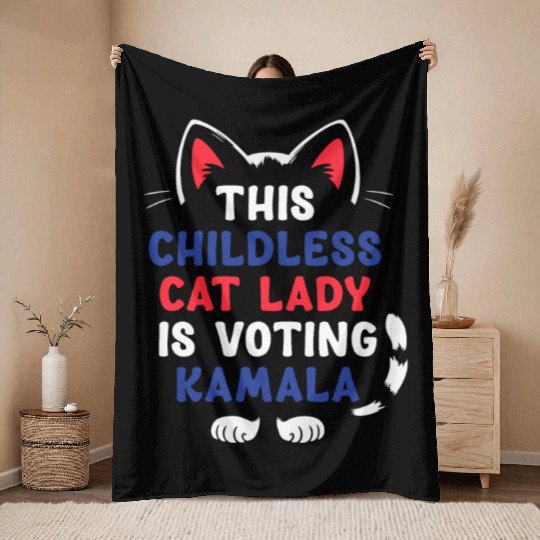 Funny This Childless Cat Lady Is Voting Kamala Throw Blankets