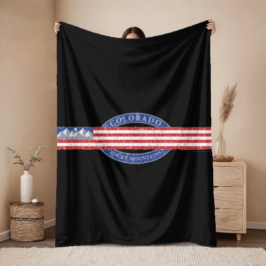 Colorado Mountain and USA Flag Grey Throw Blankets