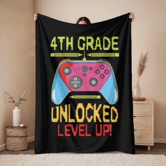 4th Grade Unlocked Level Up Video Gamer Throw Blankets Back
