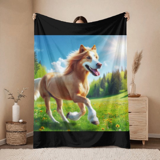 The golden retriever-horse Throw Blankets